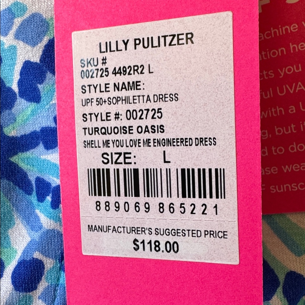 Lilly Pulitzer UPF 50+ Sophiletta Dress, Turquoise Oasis Shell Me You Love Me, L - Picture 3 of 14